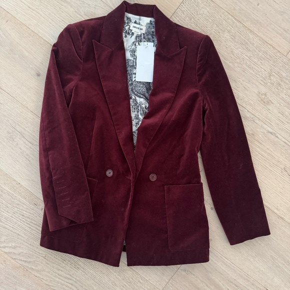 NWT Zadig & Voltaire Visko Burgundy Red Velvet Double Breasted Blazer Jacket - Picture 2 of 4
